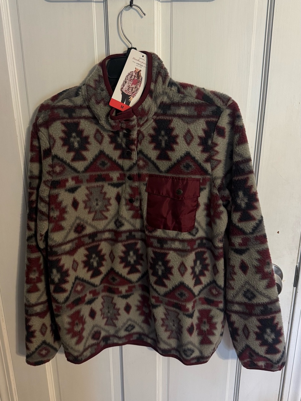 NWT Women’s Zip-Up Neck Fleece Pullover - Burgundy Green Geometric Medium